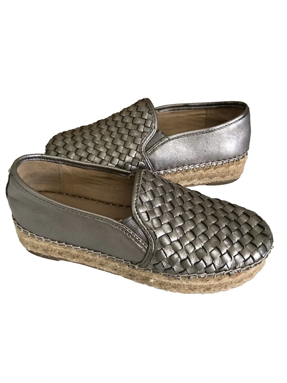SAM EDELMAN CATHERINE Metallic Gray Silver Woven Leather Espadrille Loafers sz10